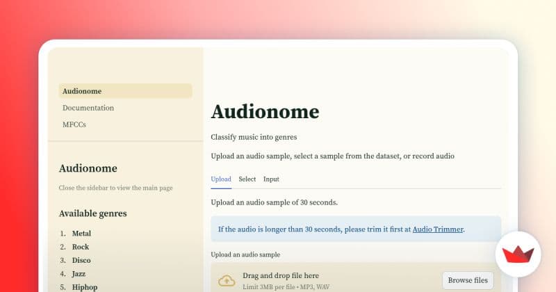 Audionome application interface showing music genre classification