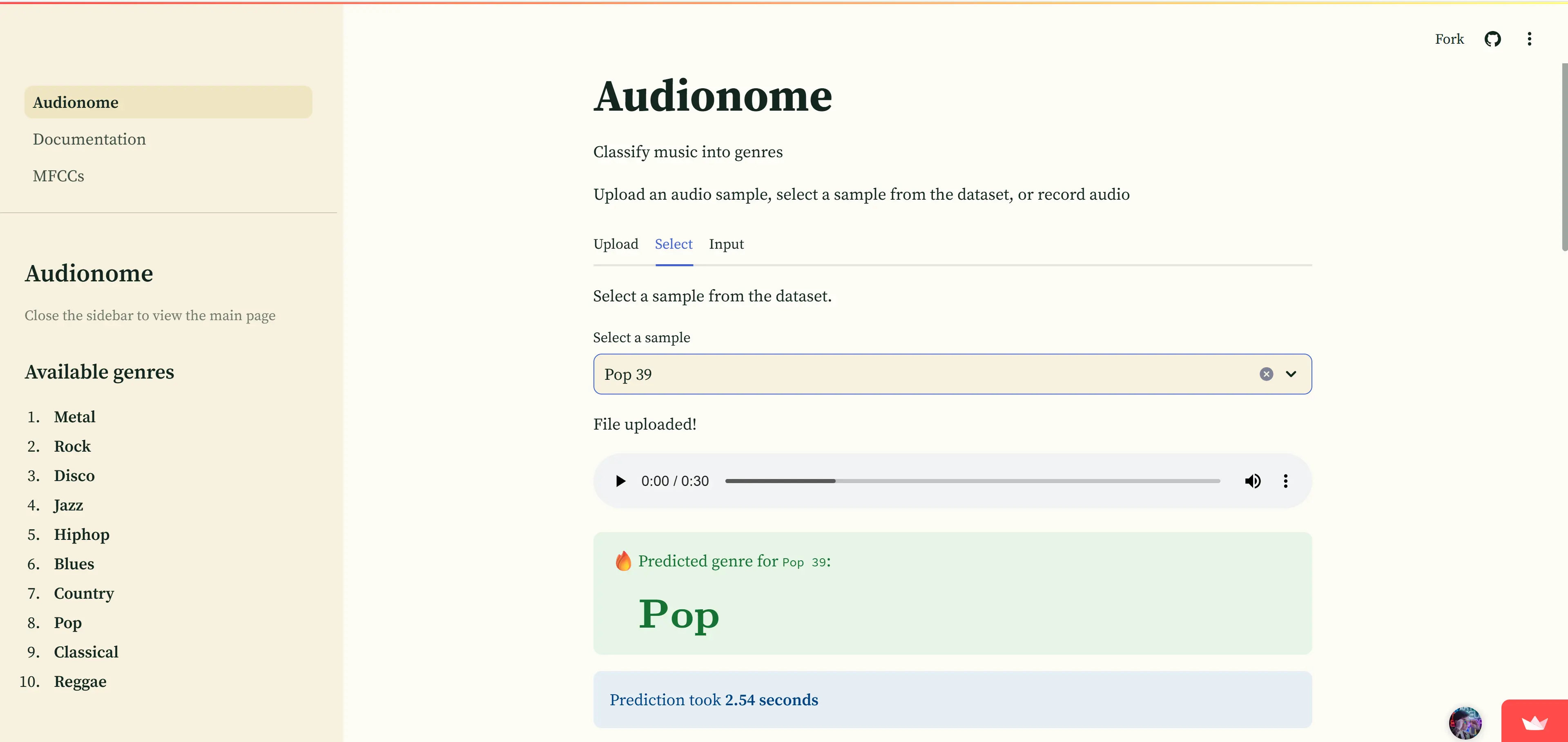Demo screenshot of Audionome classifying a music track with SVM model results