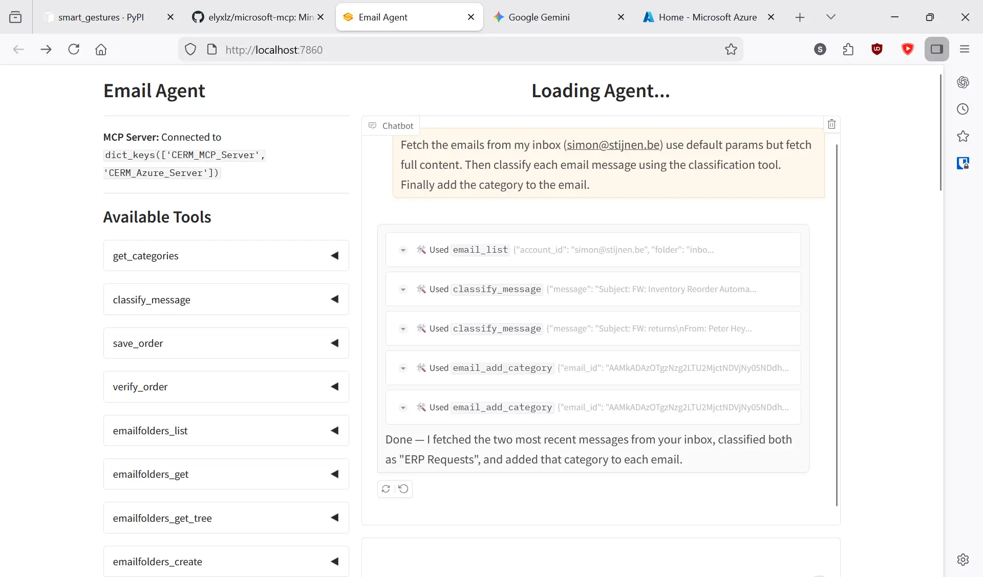 Chat interface of the CERM MCP email agent application