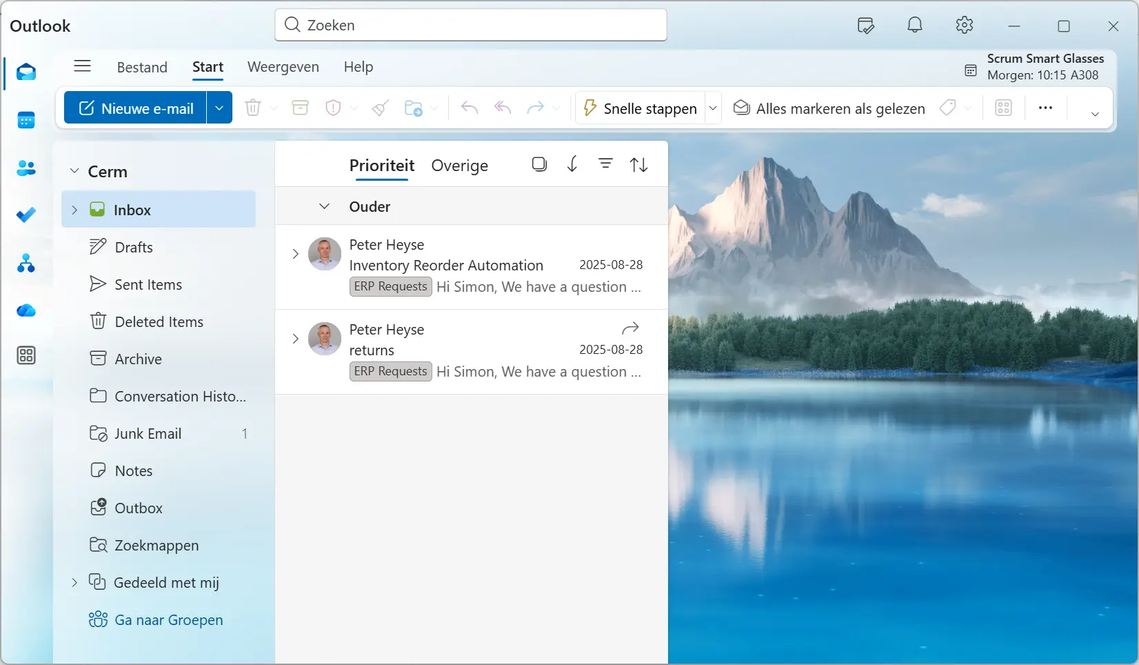 Outlook integration showing email management capabilities