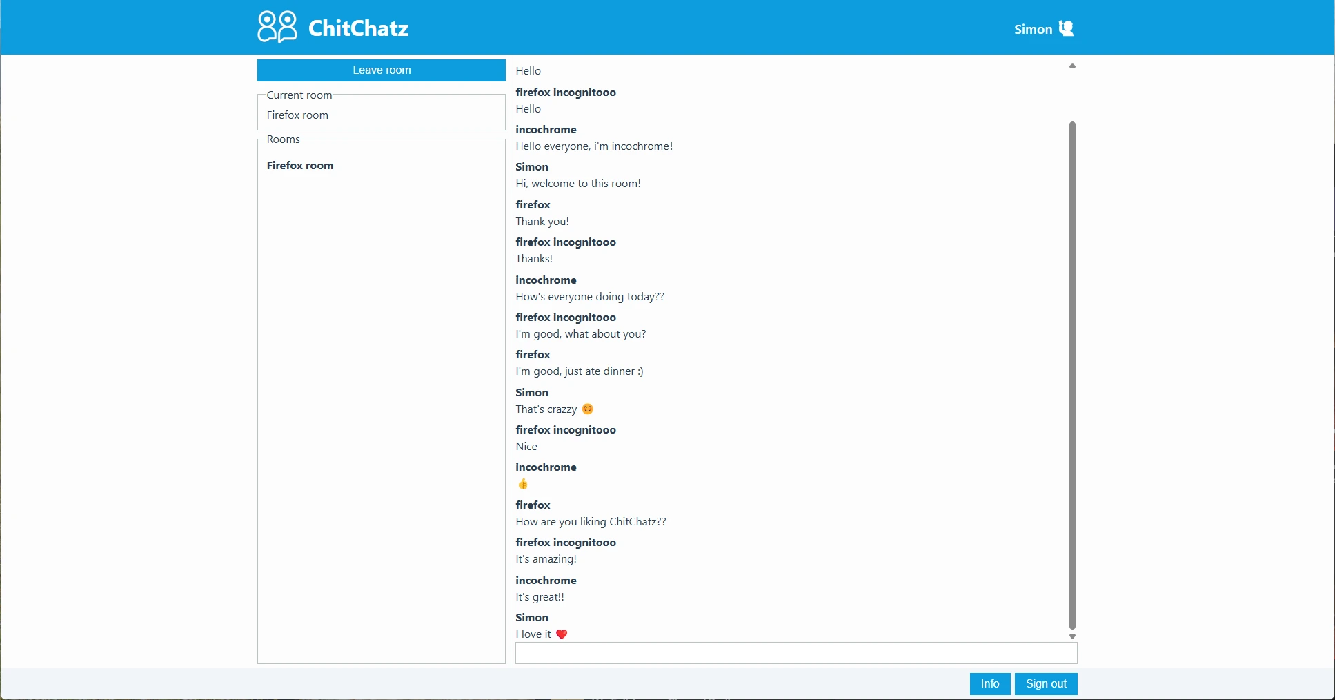 ChitChatz chat interface showing real-time messaging between users