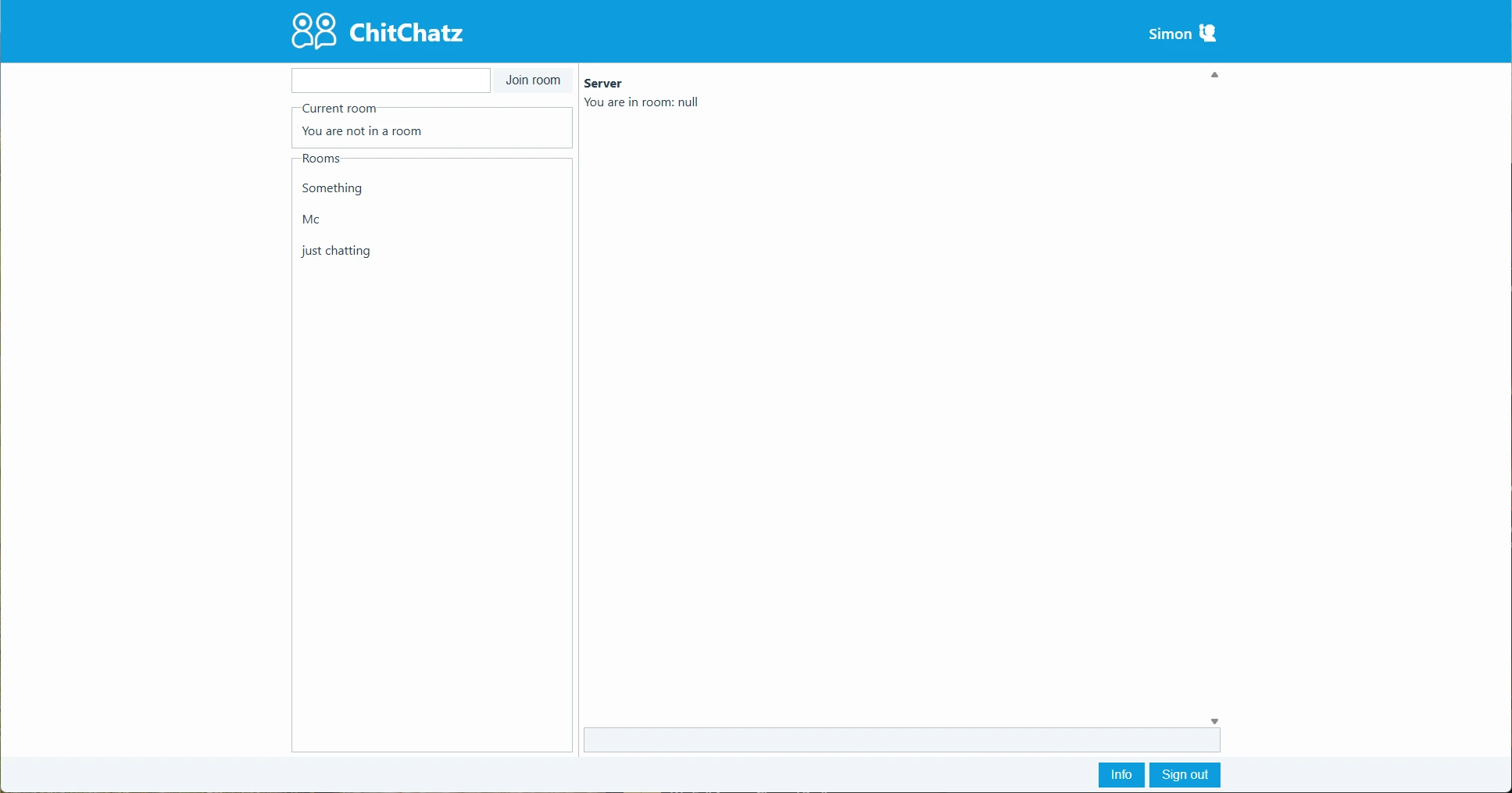 Once a user is logged in he gets to see the available rooms at the left of the screen. Together with the option to create a room for himself.