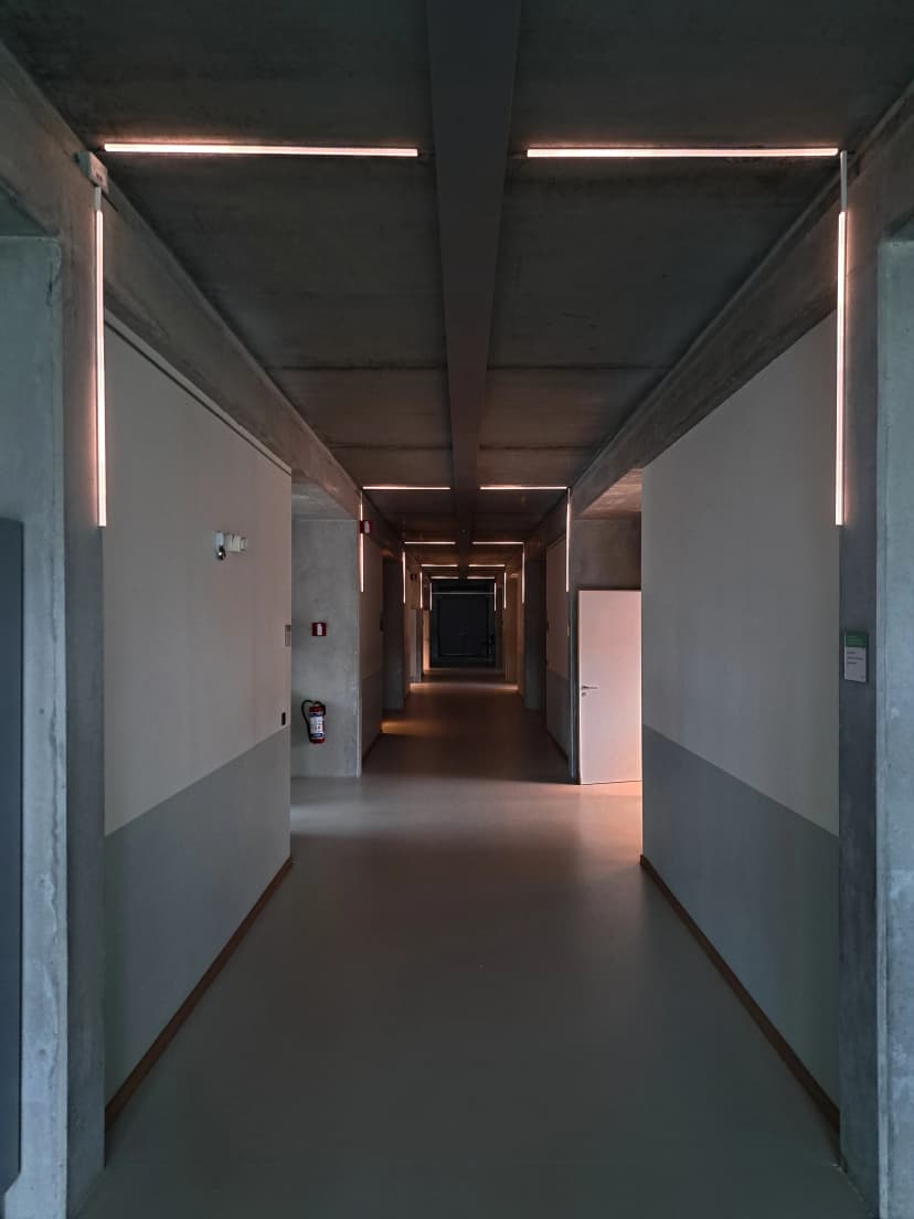 Interactive corridor demonstration showing responsive LED lighting and user interaction