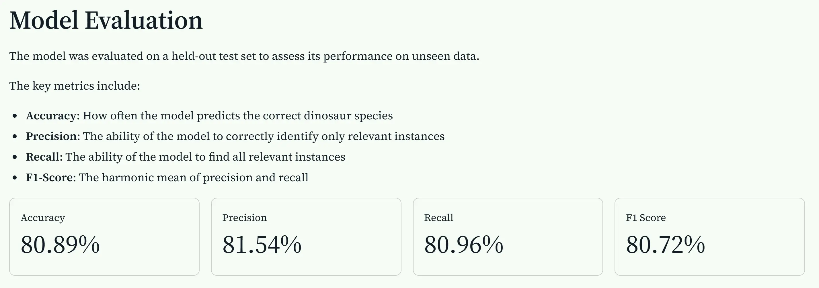 Model performance metrics including accuracy, precision, recall, and confusion matrix