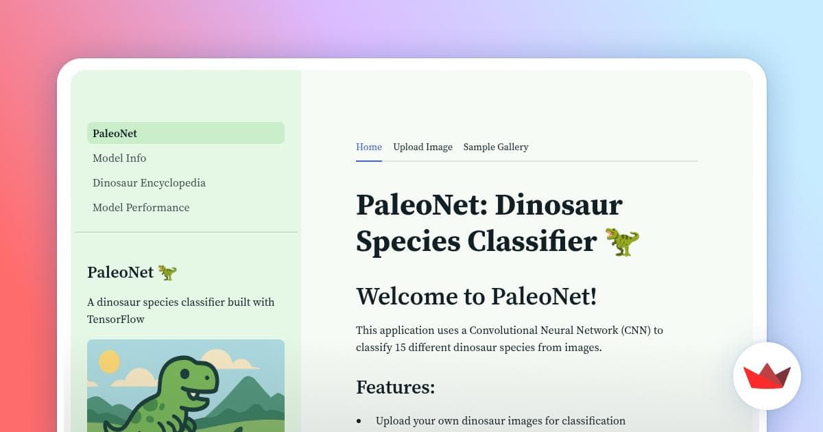PaleoNet application interface showing dinosaur image classification results