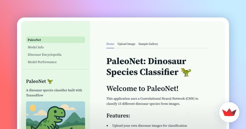 PaleoNet application interface showing dinosaur image classification results