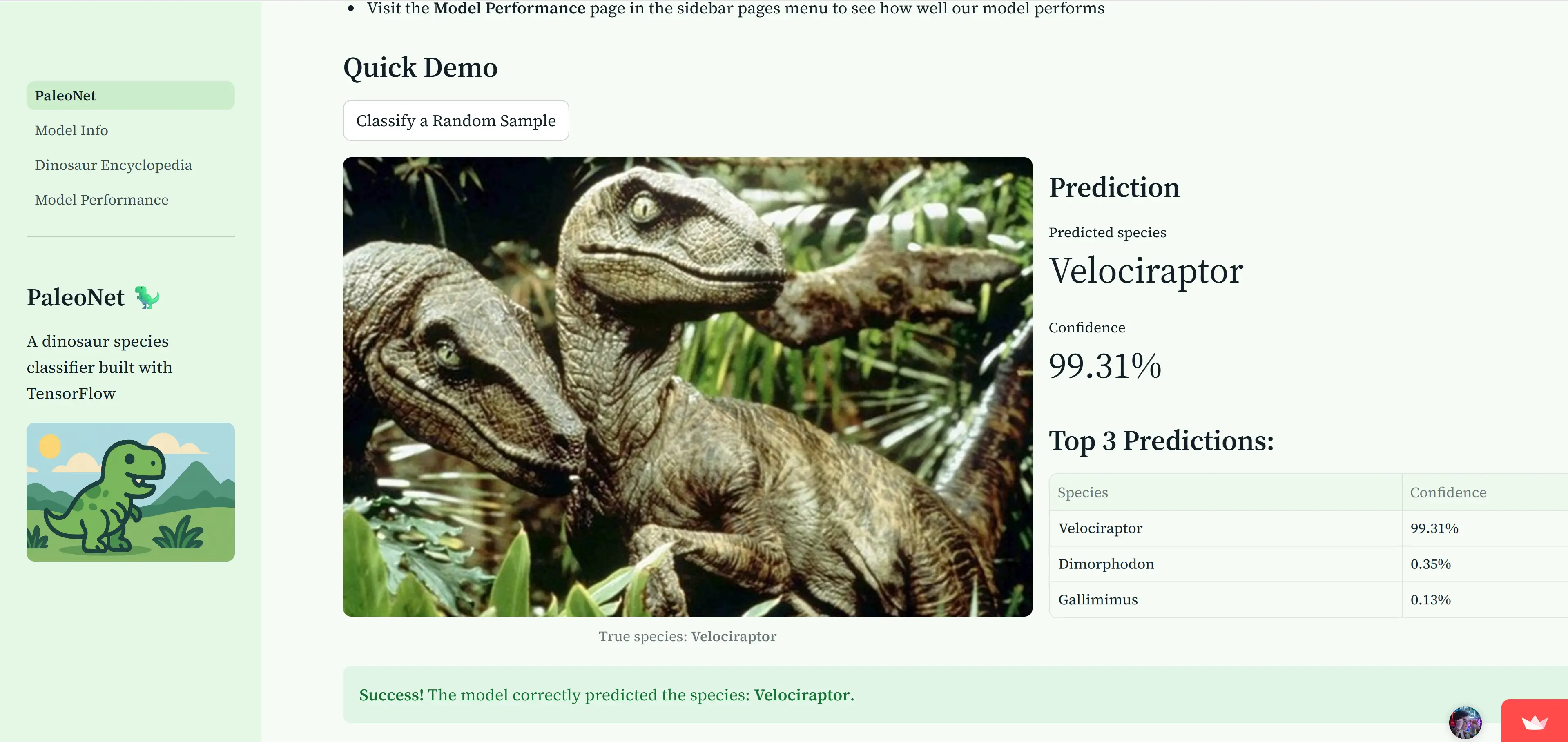Demo of PaleoNet classifying a dinosaur image with CNN model predictions
