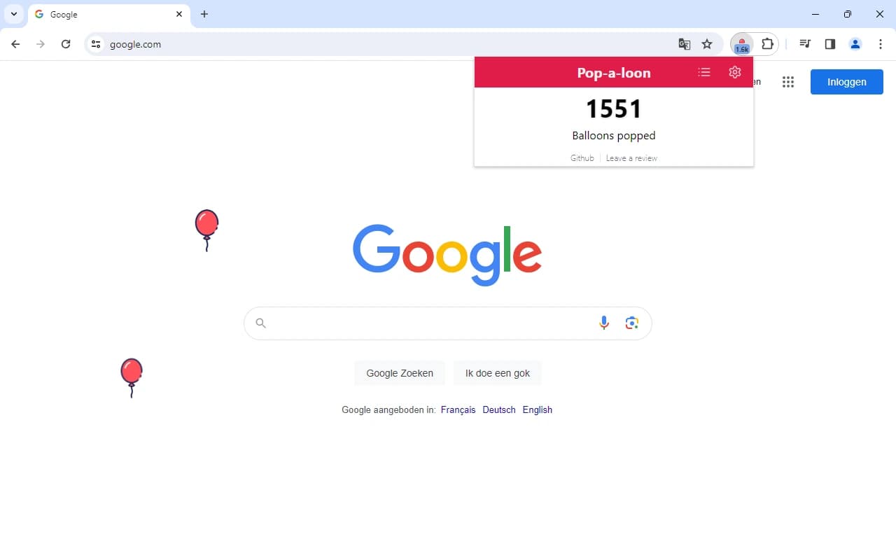 Pop-a-loon extension interface with floating balloons on a webpage