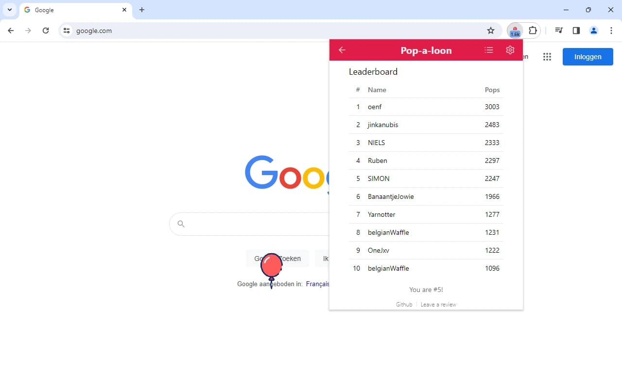 User statistics dashboard showing popped balloons count and global leaderboard